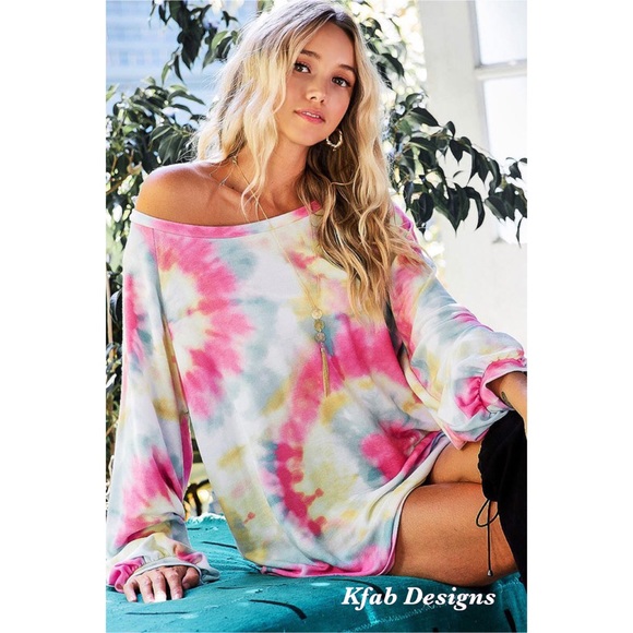💖LAST 1 Pink French Terry Tie Dye Puff Sleeve Top - Picture 6 of 9